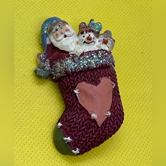Hand Crafted Jewelry - Vintage Collectible Plaster Resin Hand Decorated Christmas Stocking Brooch